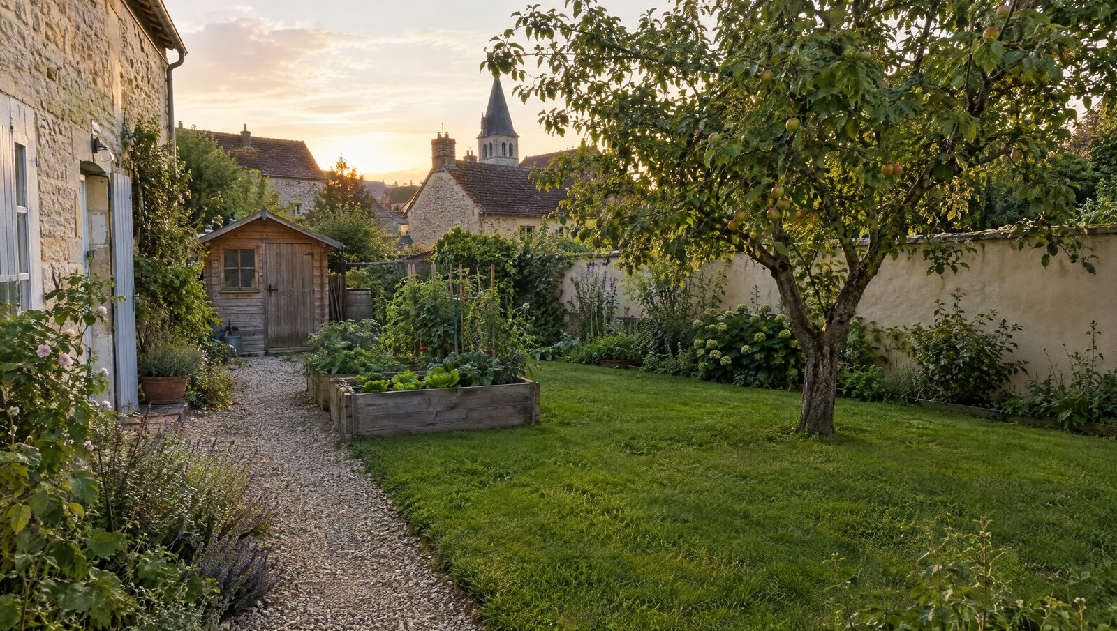 Jardin à l'arrière d'une maison ancienne en pierre, avec une allée de gravier, des bacs potagers en bois, un pommier sur la pelouse, un petit abri en bois et un mur enduit, un clocher en arrière-plan au soleil couchant
