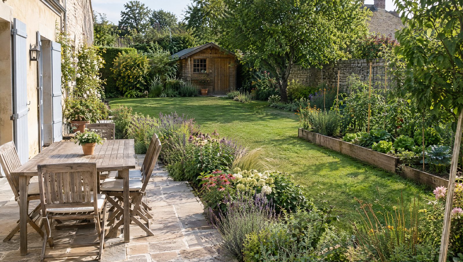 Jardin de maison en pierre avec une terrasse dallée et sa table en bois, des massifs de vivaces fleuries, une pelouse, des bacs potagers en bois et un petit abri en bois au fond
