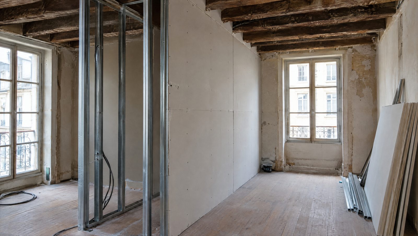 Nouvelle cloison sur ossature métallique dans un appartement ancien à poutres apparentes et parquet, avec des plaques de plâtre vissées d'un côté, des montants et des gaines électriques visibles de l'autre et des plaques en attente contre le mur