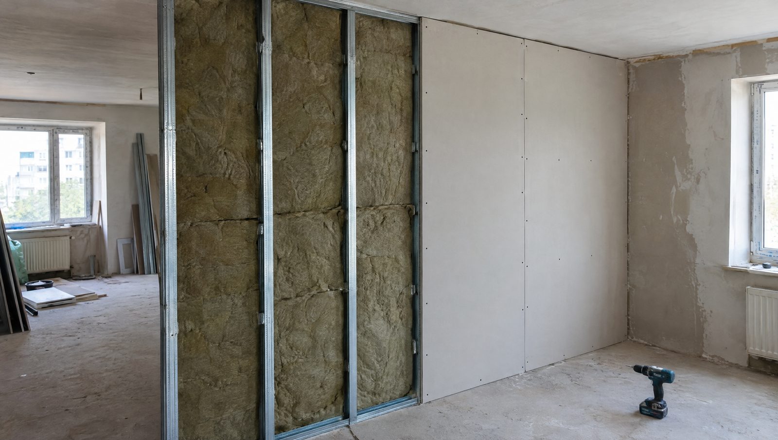 Cloison en plaques de plâtre en cours de montage dans un appartement en rénovation, avec des montants métalliques garnis de laine minérale à gauche, des plaques vissées à droite et une visseuse posée sur la chape
