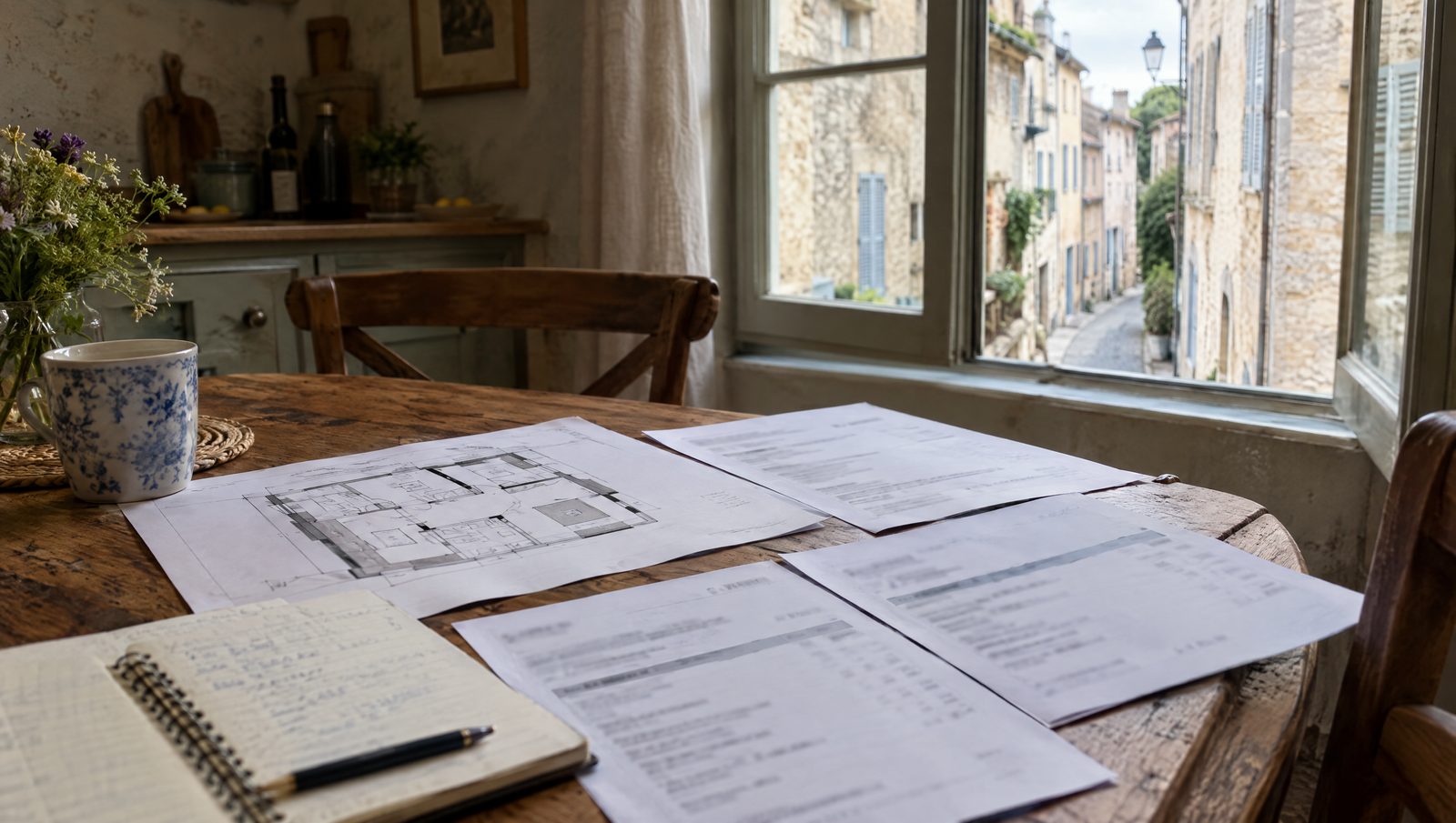 Table de cuisine dans une maison ancienne, avec des devis aux lignes illisibles, un plan, un carnet et une tasse, devant une fenêtre ouverte sur une rue étroite bordée de maisons en pierre