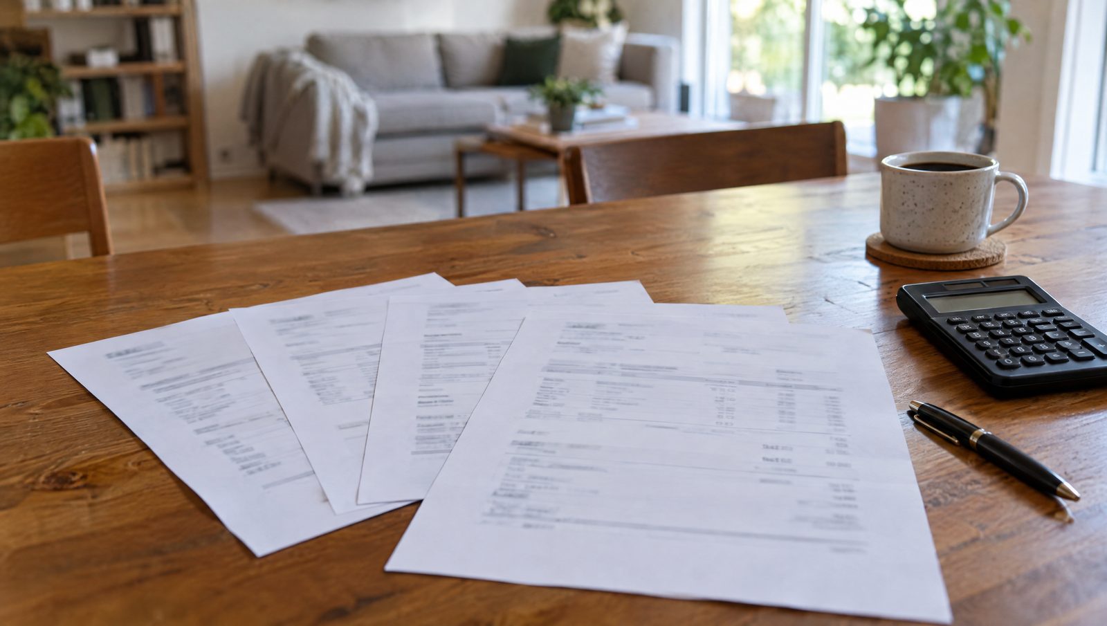 Plusieurs devis imprimés aux lignes illisibles étalés sur une table en bois, avec une calculatrice, un stylo et une tasse de café, dans un salon lumineux