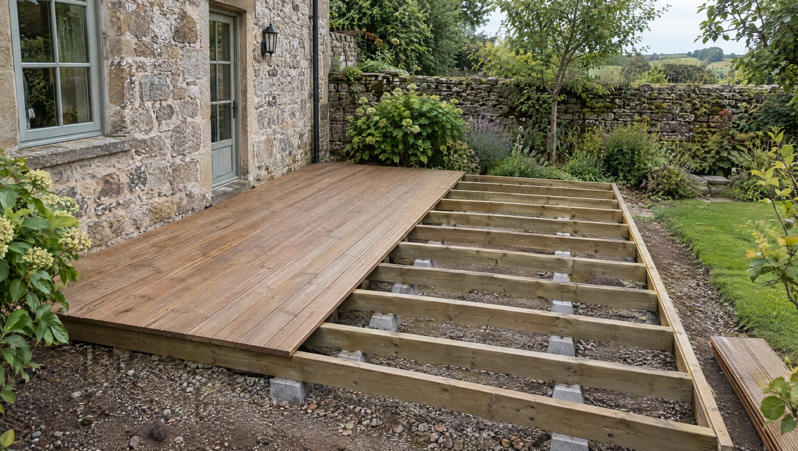 Terrasse de plain-pied en bois en cours de pose derrière une maison ancienne en pierre, lambourdes posées sur de petits plots en béton et moitié des lames fixées, jardin fermé par un mur de pierre