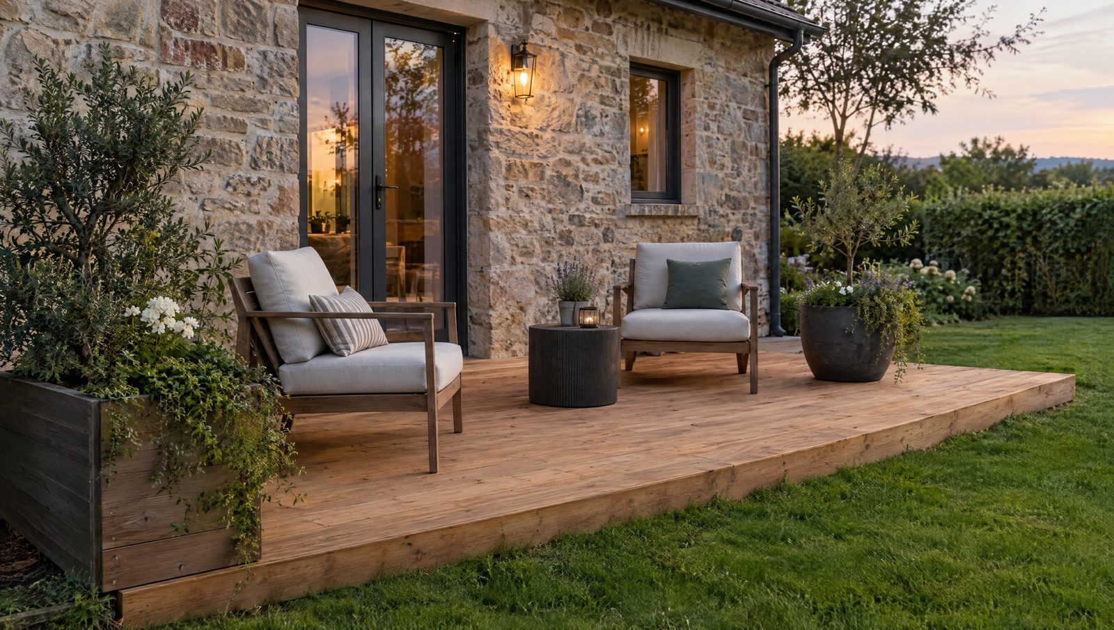 Terrasse de plain-pied en lames de bois neuves adossée au mur arrière d'une maison en pierre, avec deux fauteuils, des jardinières et une pelouse autour, dans la lumière du soir