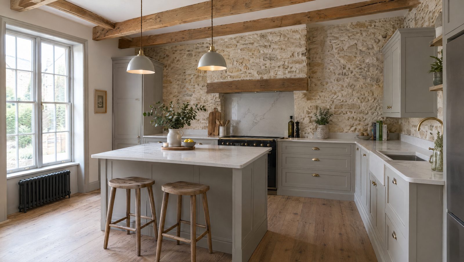 Cuisine rénovée d'une maison ancienne, mur de pierre calcaire apparent et poutres en chêne, meubles gris clair à poignées en laiton, plans de travail blancs veinés, îlot avec deux tabourets en bois, piano de cuisson noir et haute fenêtre à petits carreaux