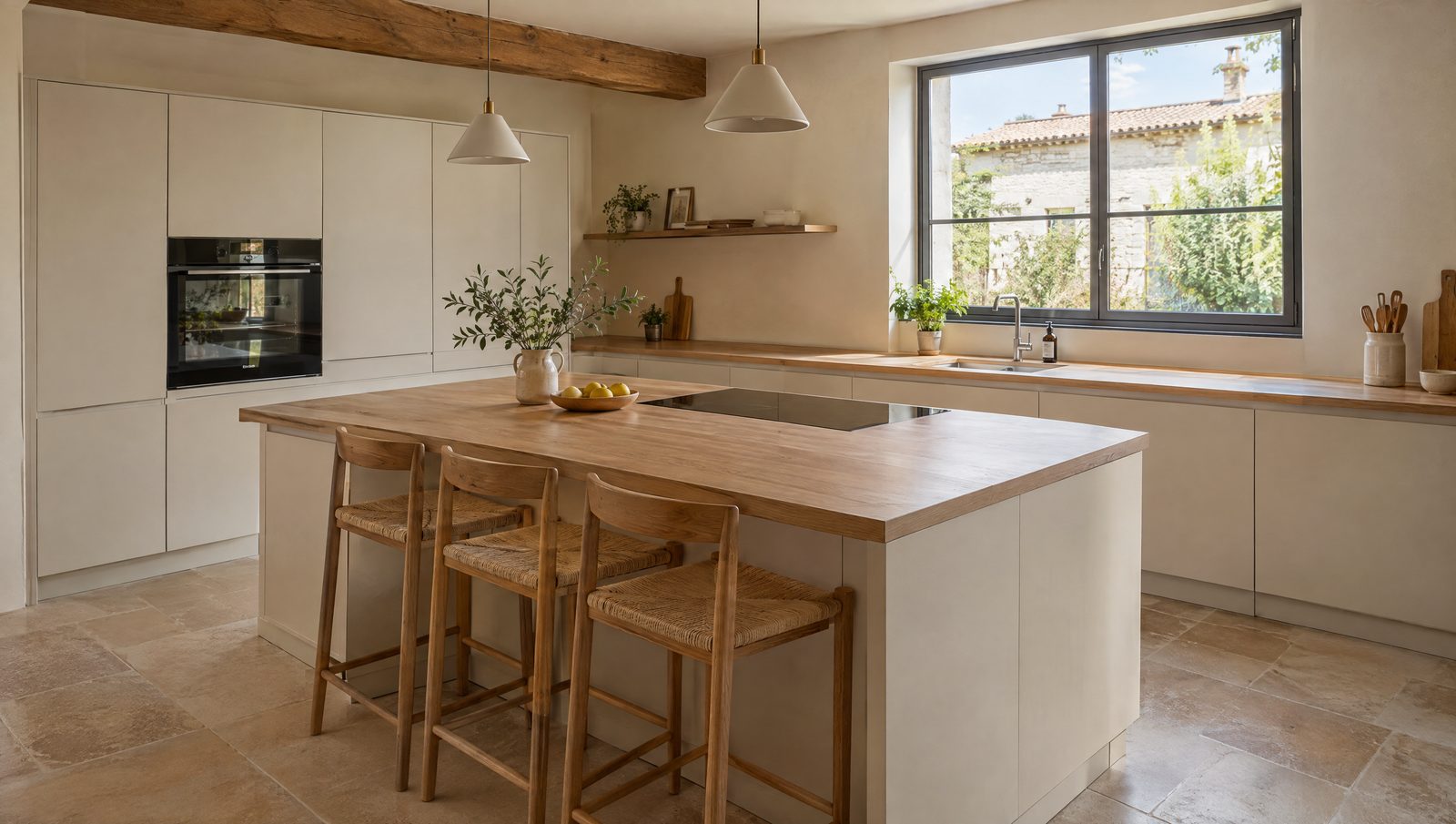 Cuisine rénovée aux meubles blanc cassé sans poignée, four encastré en colonne, îlot central en bois clair équipé d'une plaque de cuisson et de trois tabourets paillés, sous une poutre apparente et devant une grande fenêtre