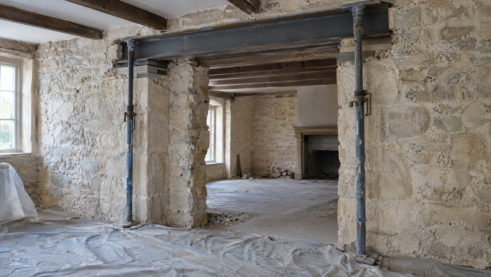 Ouverture fraîchement créée dans un mur porteur en pierre calcaire d'une maison ancienne, poutre en acier posée sur des cales au-dessus du passage, deux étais réglables encore en place et bâche plastique au sol