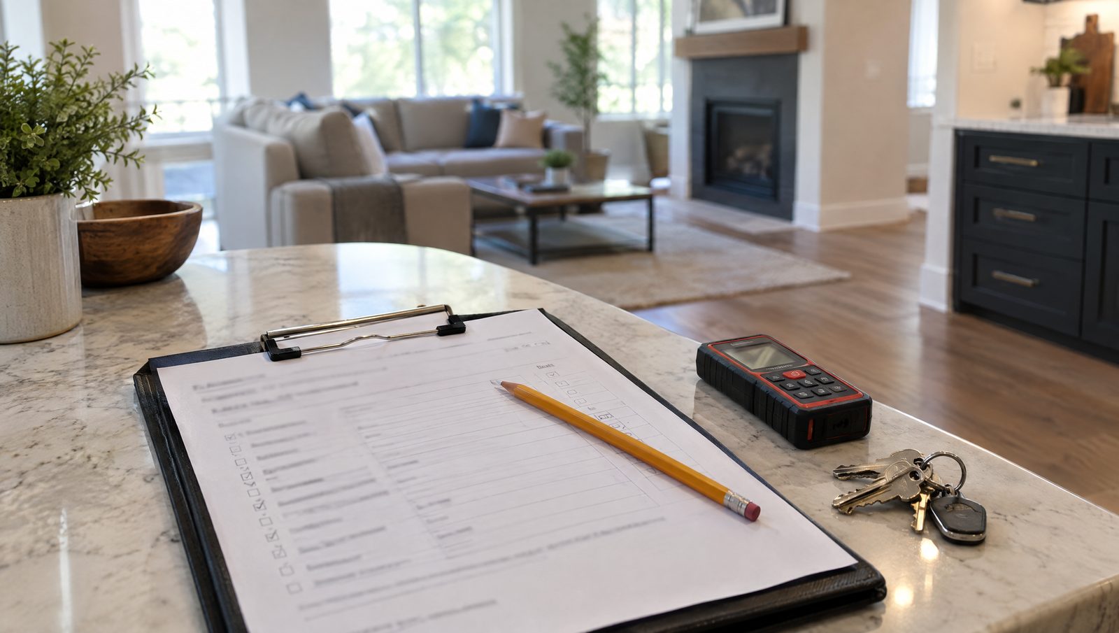 Porte-bloc avec une liste de contrôle, un crayon, un télémètre laser et un trousseau de clés posés sur l'îlot en marbre d'une maison rénovée, séjour et cheminée en arrière-plan