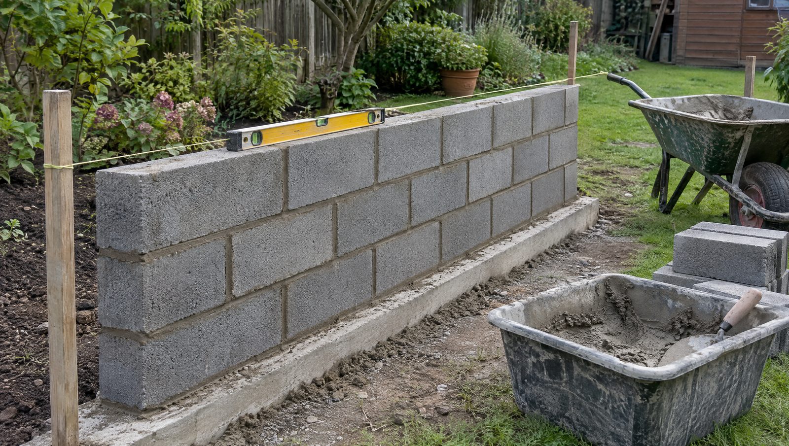 Mur de clôture en parpaings gris en cours de montage sur sa semelle en béton, niveau posé sur le dernier rang, cordeau tendu, brouette et auge de mortier dans un jardin