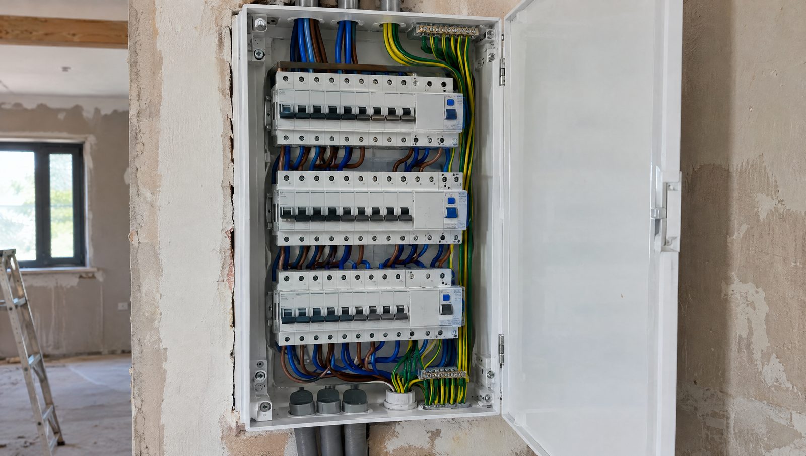 Tableau électrique neuf à trois rangées, porte ouverte, avec ses disjoncteurs et interrupteurs différentiels blancs câblés en fils bleus, marron et vert-jaune, encastré dans le mur brut d'une maison en rénovation