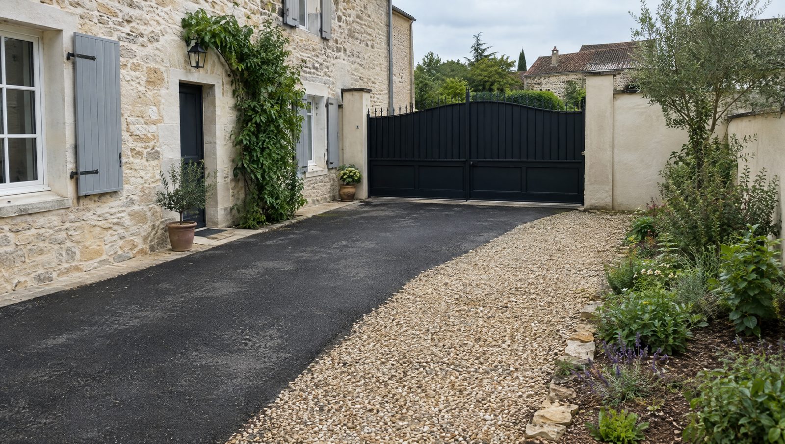 Cour d'une maison ancienne en pierre calcaire claire aux volets gris, avec une allée en enrobé noir menant à un portail métallique noir, longée par une bande de gravier et un massif planté