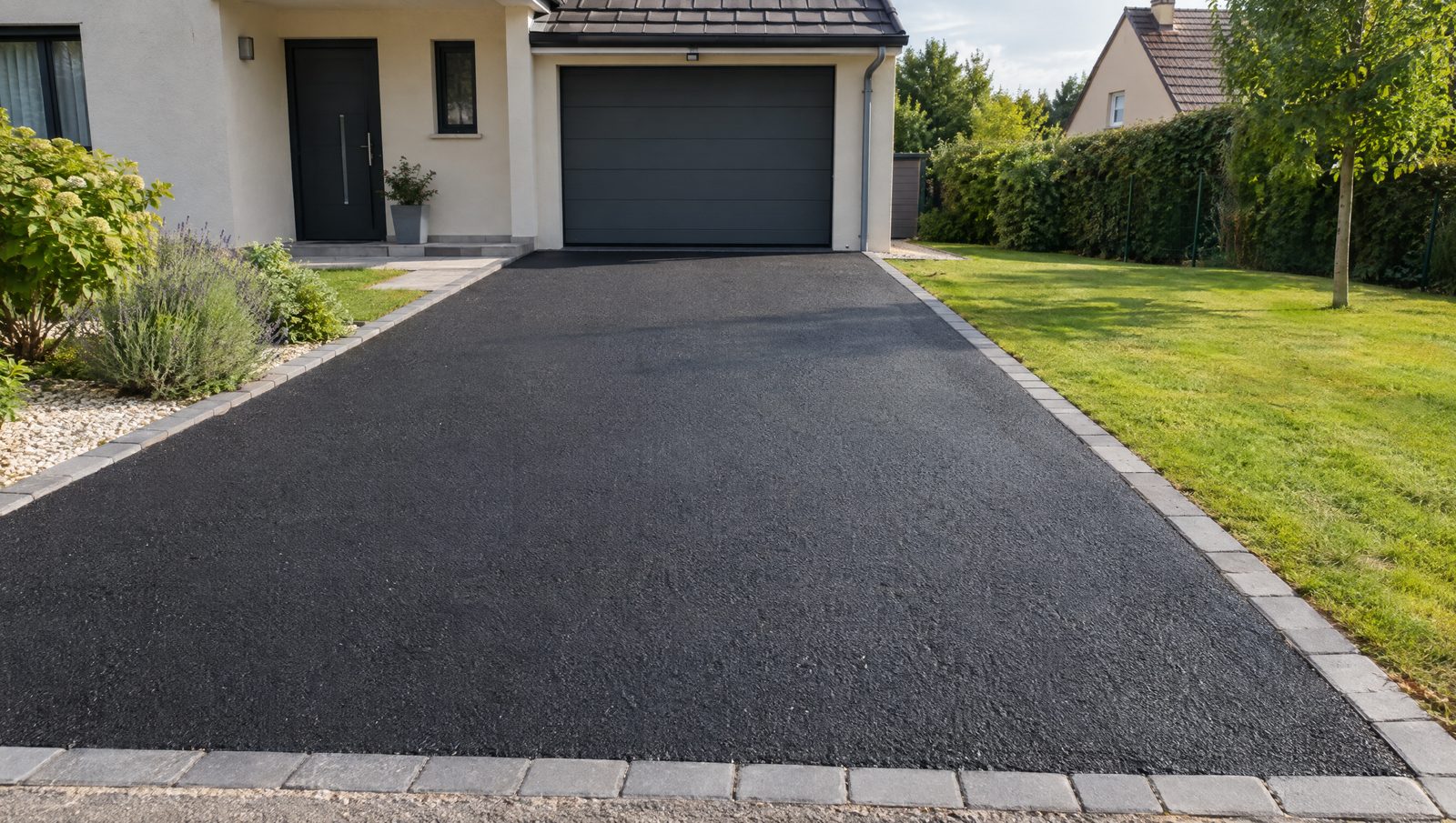 Allée de garage en enrobé noir fraîchement posé devant une maison individuelle, bordée de pavés gris, avec une pelouse d'un côté et un massif de lavande et d'hortensias de l'autre