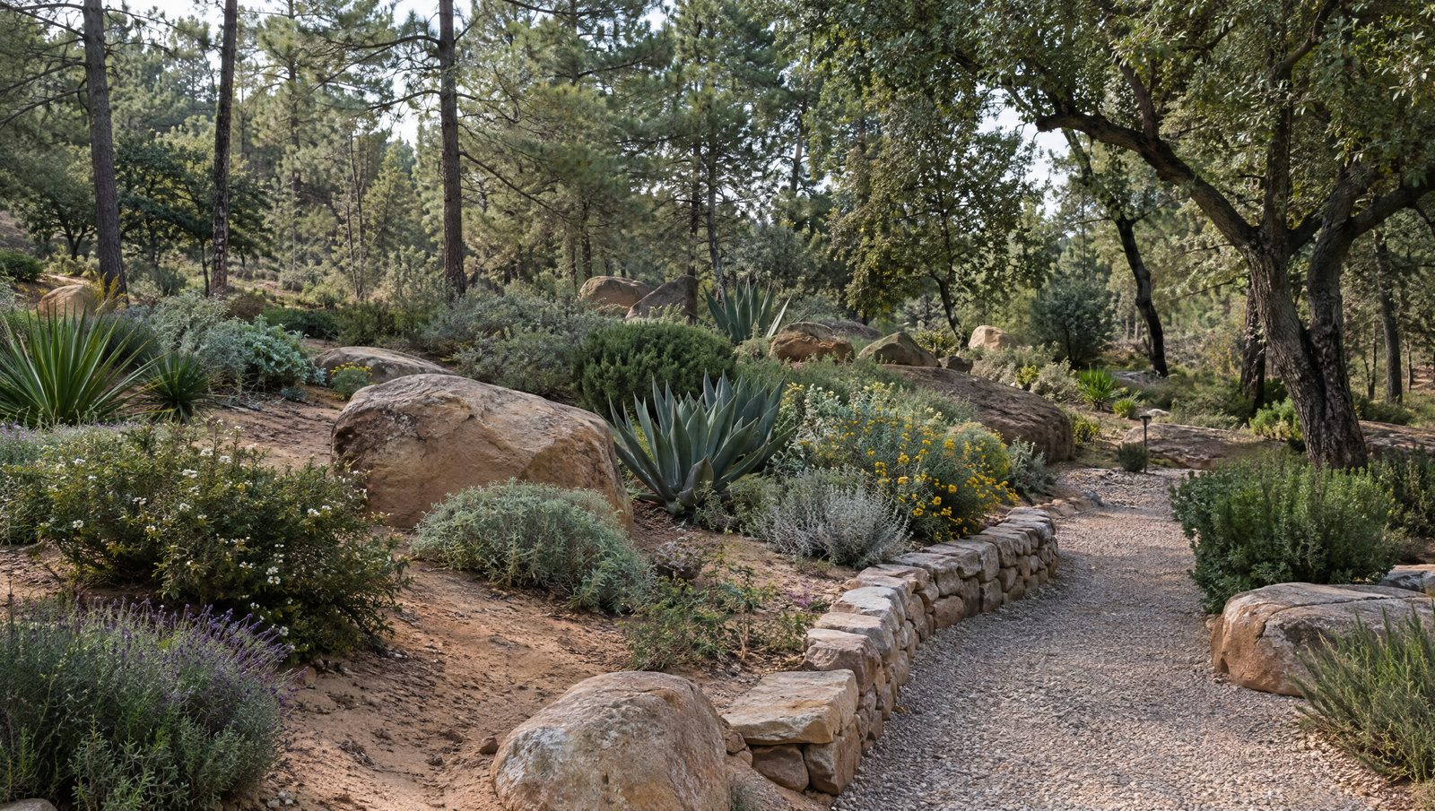 Jardin d'allure méditerranéenne en lisière d'un bois de pins et de chênes, avec un agave, des lavandes et des arbustes bas entre de gros blocs de grès arrondis sur un sol sableux, un muret de pierres sèches et une allée en gravier