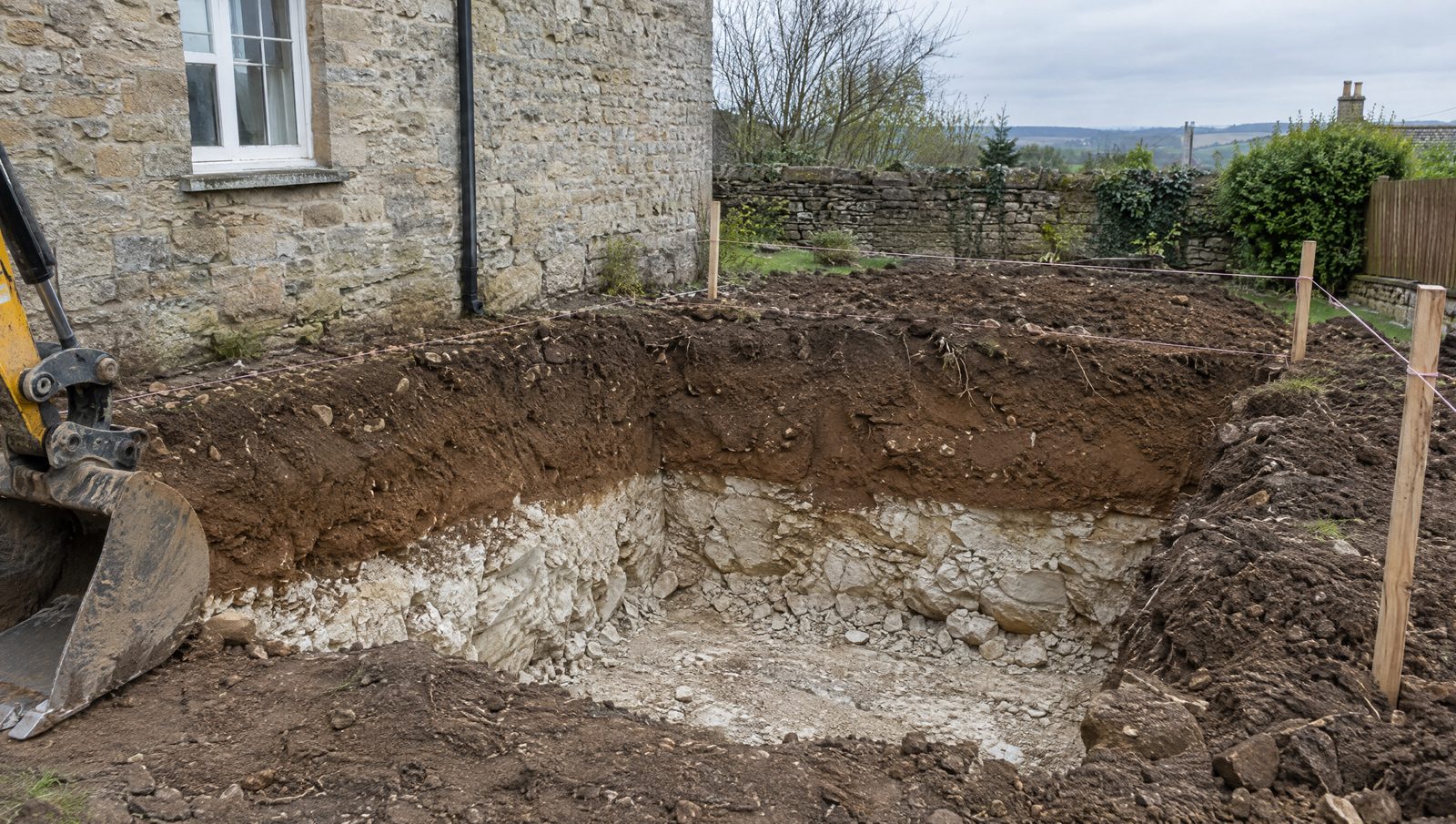 Fouille ouverte derrière une maison en pierre, montrant une couche de terre brune argileuse au-dessus d'un calcaire clair, avec un godet de pelle posé au bord et des piquets reliés par un cordeau