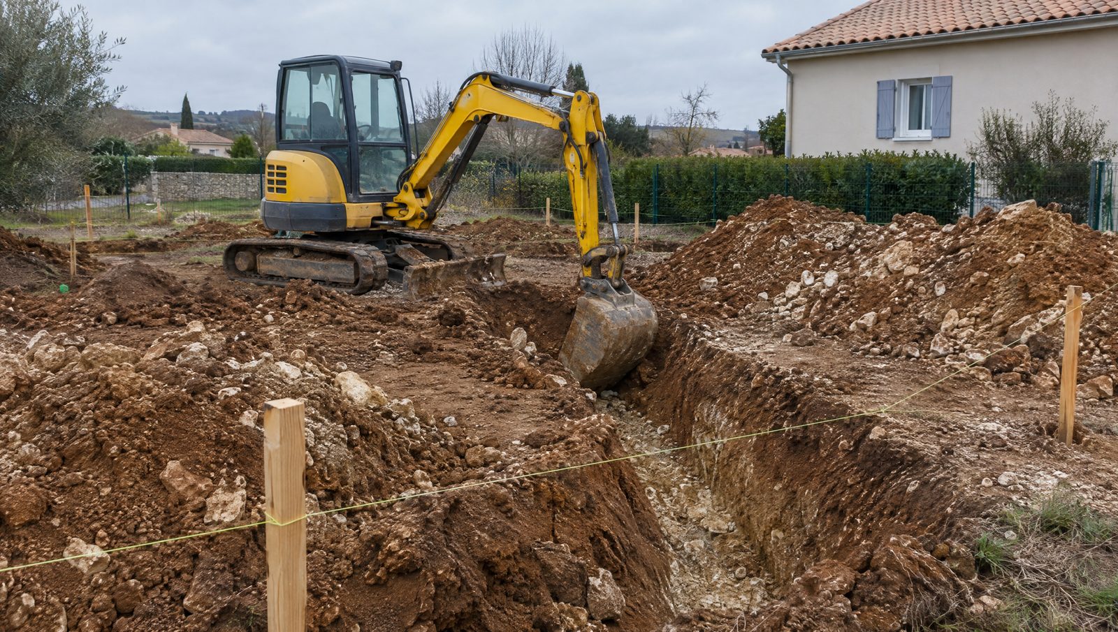 Mini-pelle jaune creusant une tranchée de fondation sur un terrain pavillonnaire, entre des tas de terre brune et de pierres calcaires, avec des piquets, un cordeau d'implantation et une maison en arrière-plan