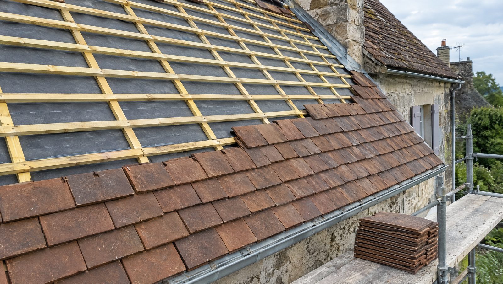 Versant de toit en cours de réfection, tuiles plates en terre cuite posées sur des liteaux neufs, écran sous-toiture visible en partie haute et pile de tuiles sur l'échafaudage