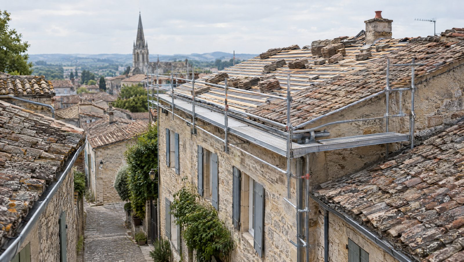 Maison de ville en pierre dans une rue pavée, toiture en cours de réfection sous échafaudage avec des tuiles anciennes empilées sur les liteaux, clocher en arrière-plan