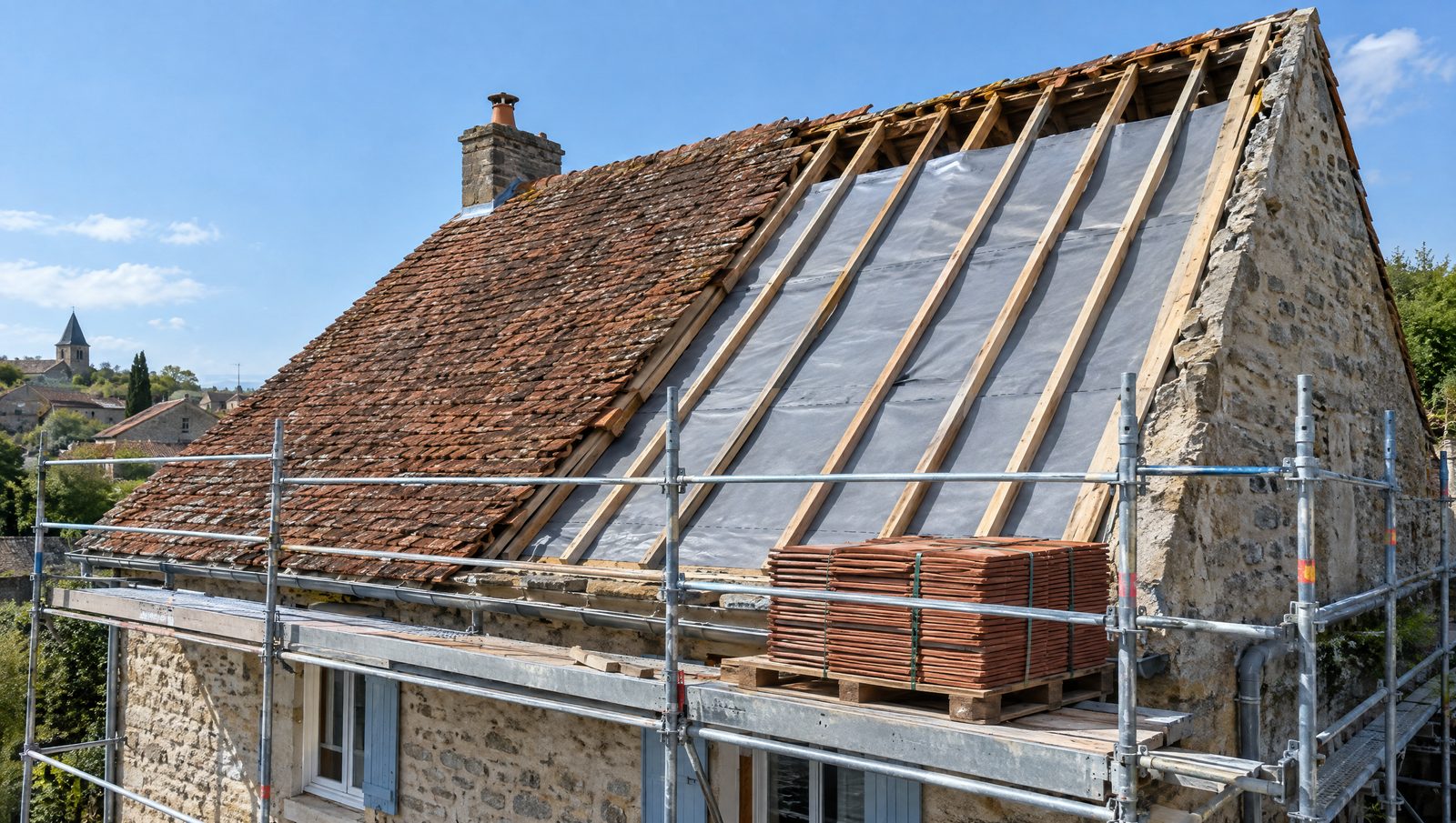 Maison en pierre sous échafaudage dont un versant de toiture, découvert, laisse voir les chevrons et l'écran sous-toiture gris, à côté des tuiles plates anciennes et d'une palette de tuiles neuves
