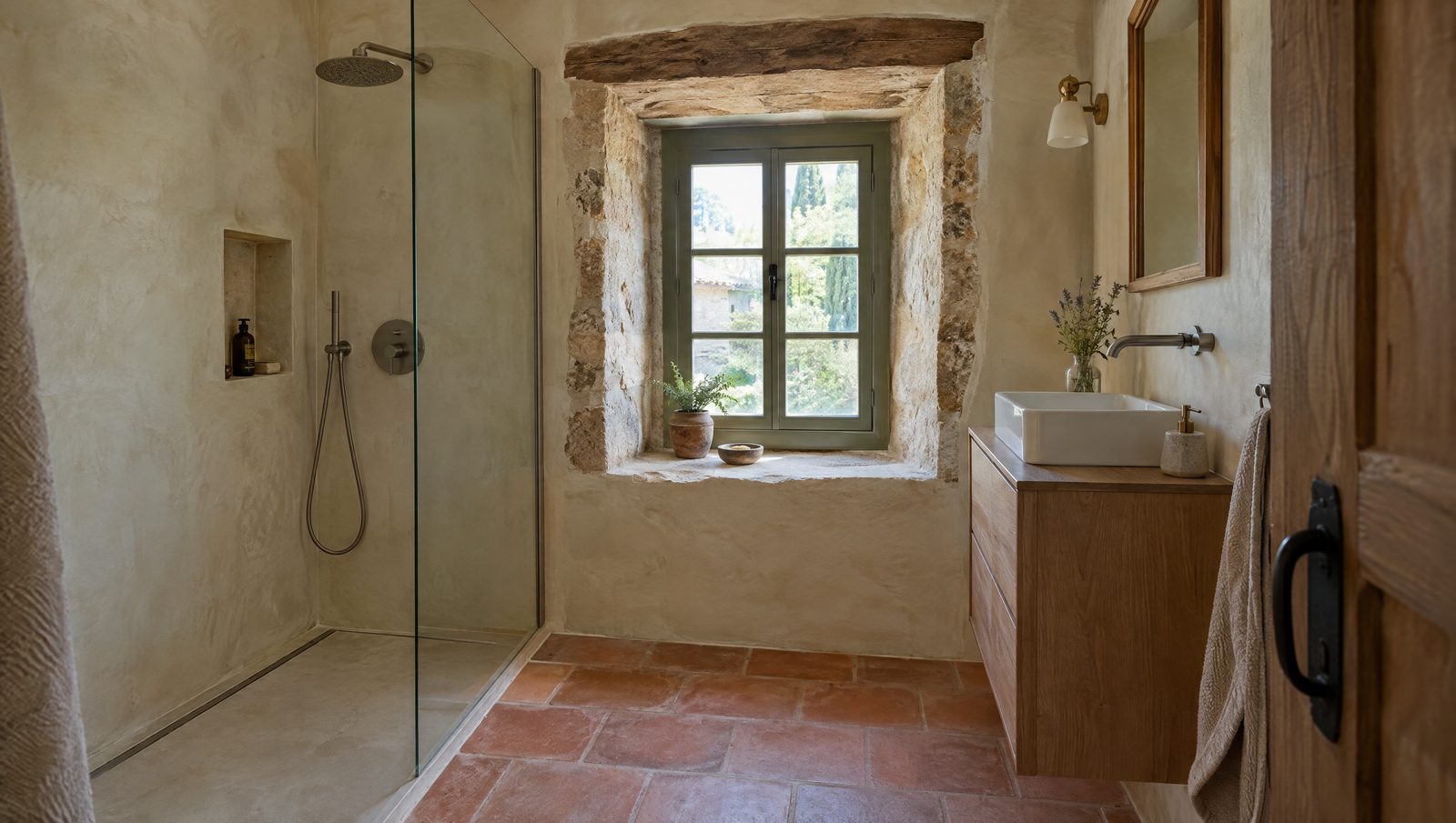 Petite salle de bain rénovée dans une maison en pierre, douche de plain-pied à paroi vitrée, fenêtre dans un ébrasement de pierre, meuble vasque en chêne et sol en carreaux de terre cuite