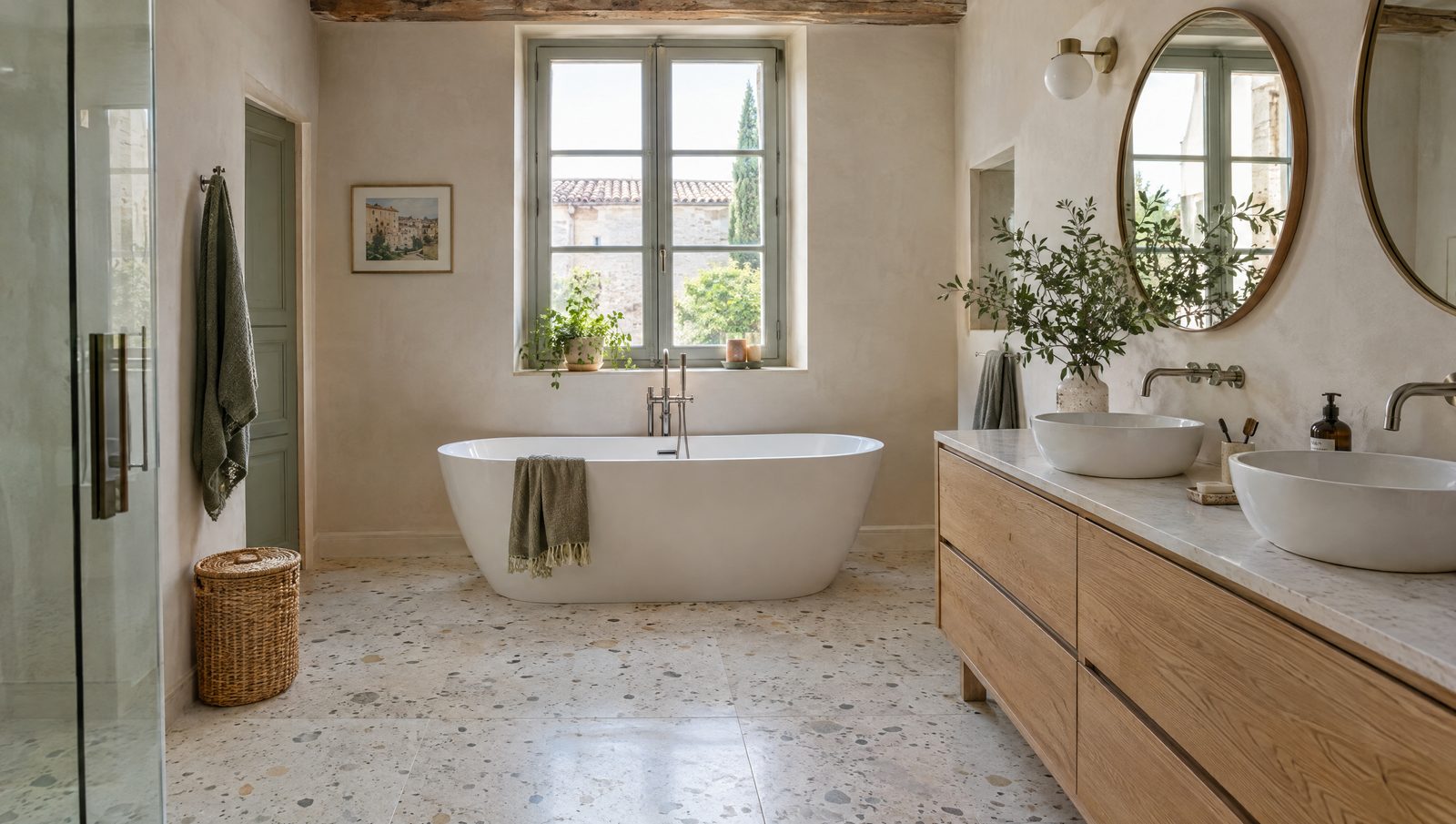 Salle de bain rénovée dans une maison ancienne, baignoire îlot blanche sous une fenêtre à petits bois, sol effet terrazzo et double vasque posée sur un meuble en chêne clair