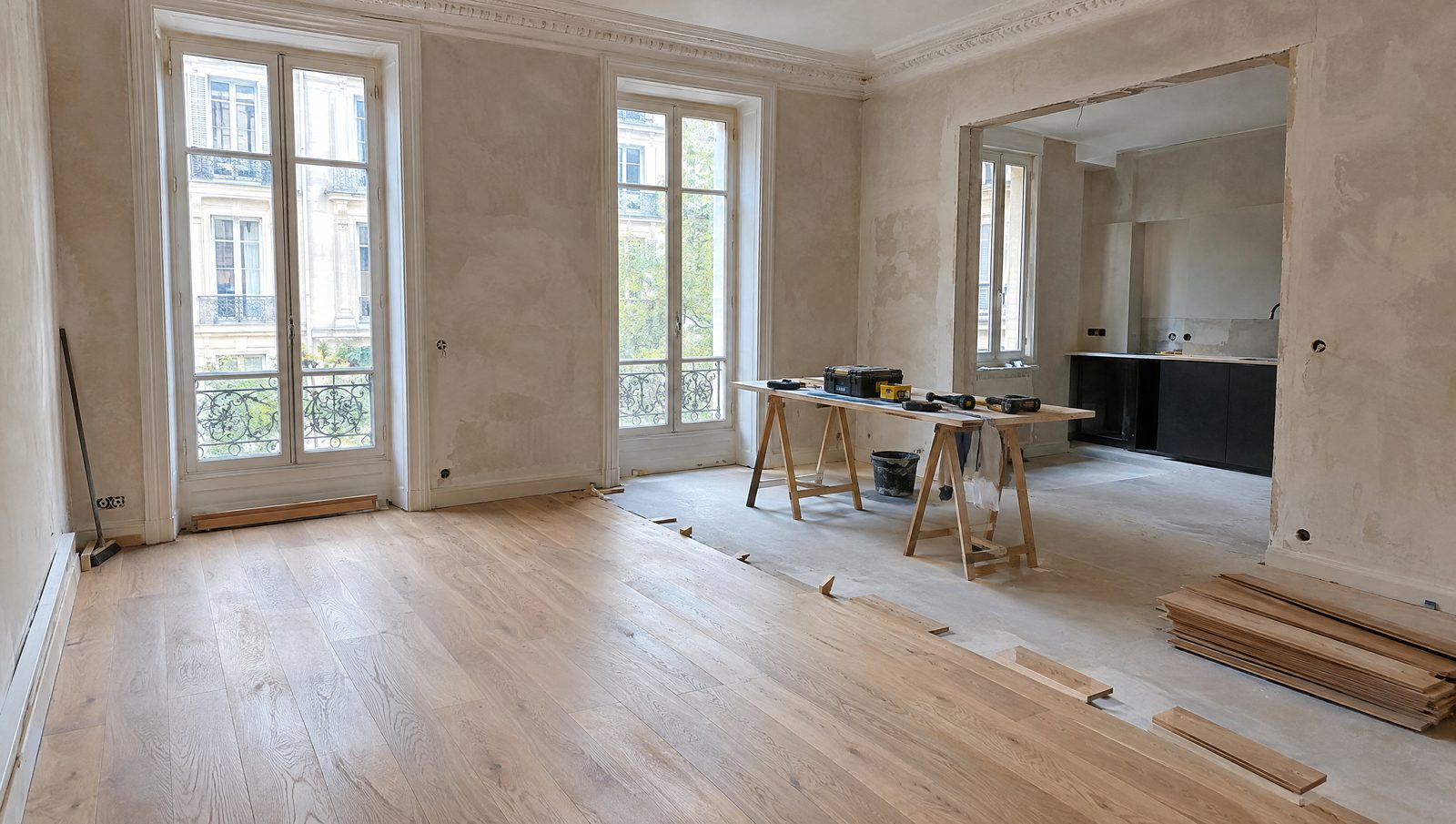 Séjour d'un appartement ancien en cours de rénovation, murs fraîchement enduits, parquet de chêne clair posé sur la moitié du sol, hautes fenêtres et outils rangés sur un tréteau