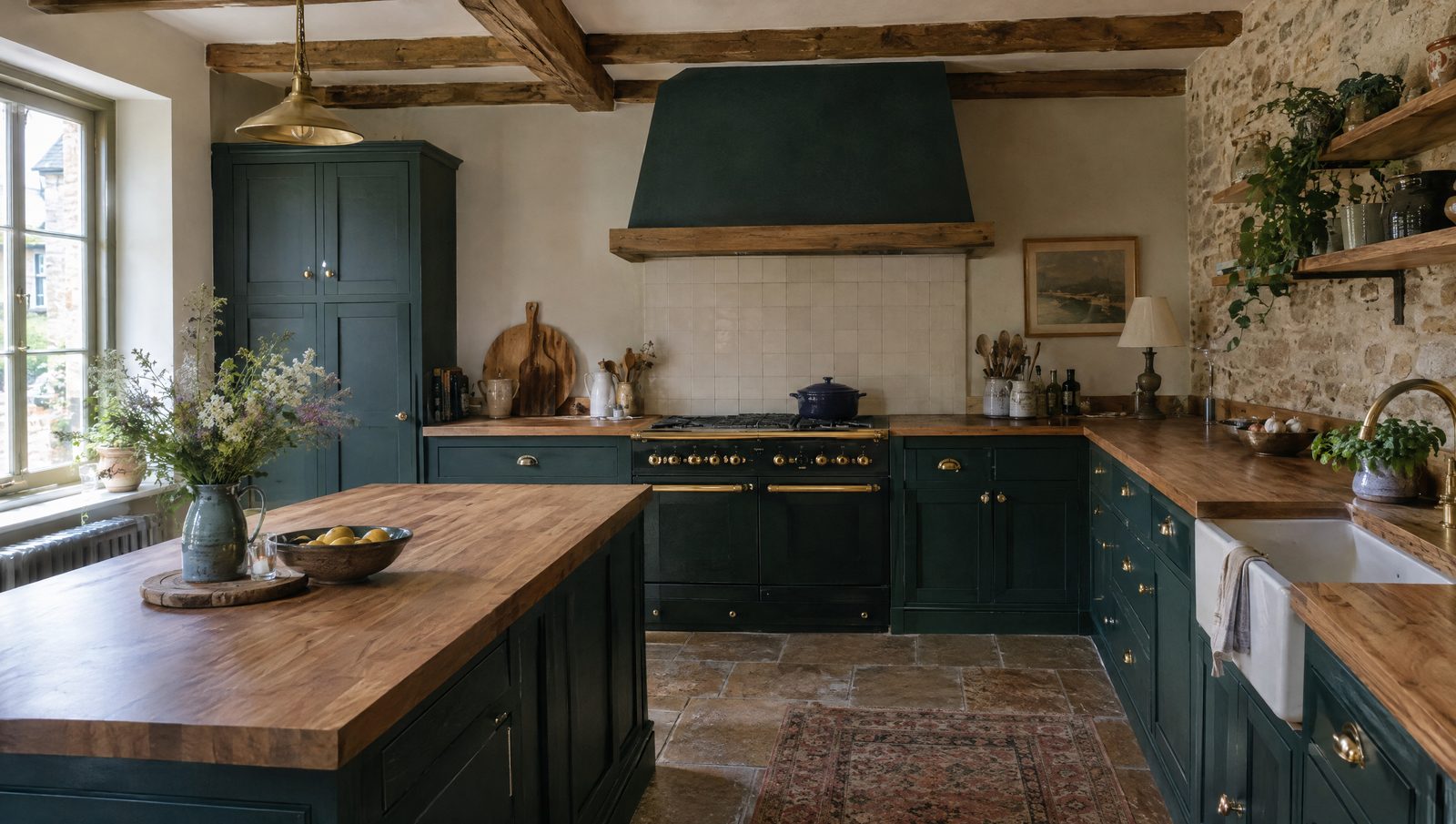 Cuisine d'une maison ancienne aux poutres apparentes et au mur de pierre, meubles repeints en bleu-vert foncé avec poignées en laiton, plans de travail et îlot en bois massif