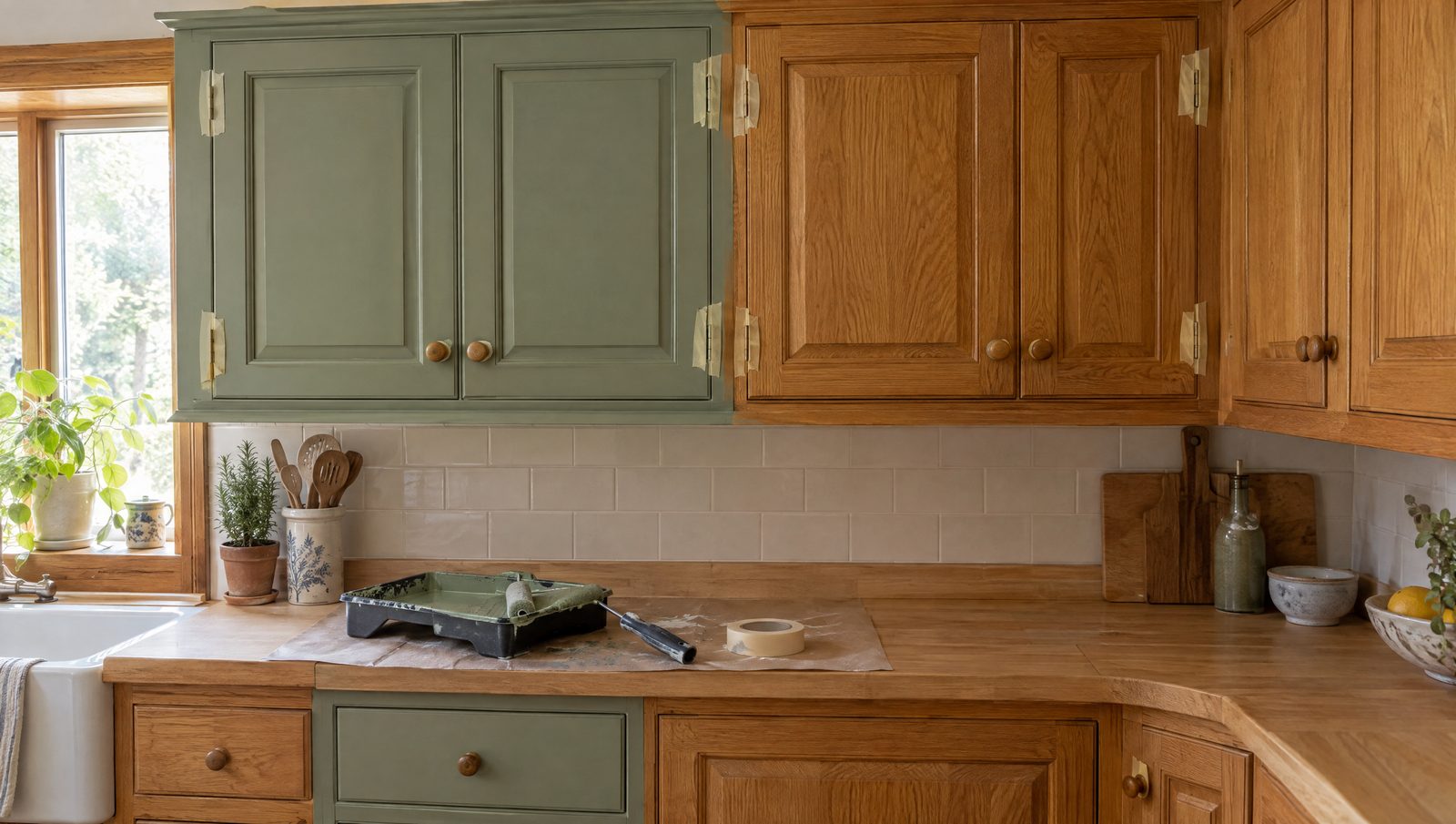 Cuisine en chêne en cours de relooking, un meuble haut et un tiroir repeints en vert sauge, les autres façades encore en bois naturel, avec un bac à peinture, un rouleau et du ruban de masquage posés sur le plan de travail en bois