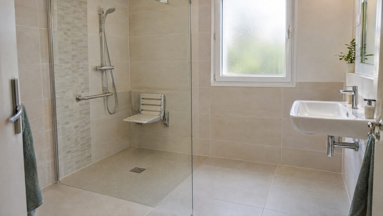 Salle de bain adaptée avec une douche de plain-pied derrière une paroi vitrée, siège rabattable et barre d'appui, sol clair antidérapant et lavabo suspendu près d'une fenêtre