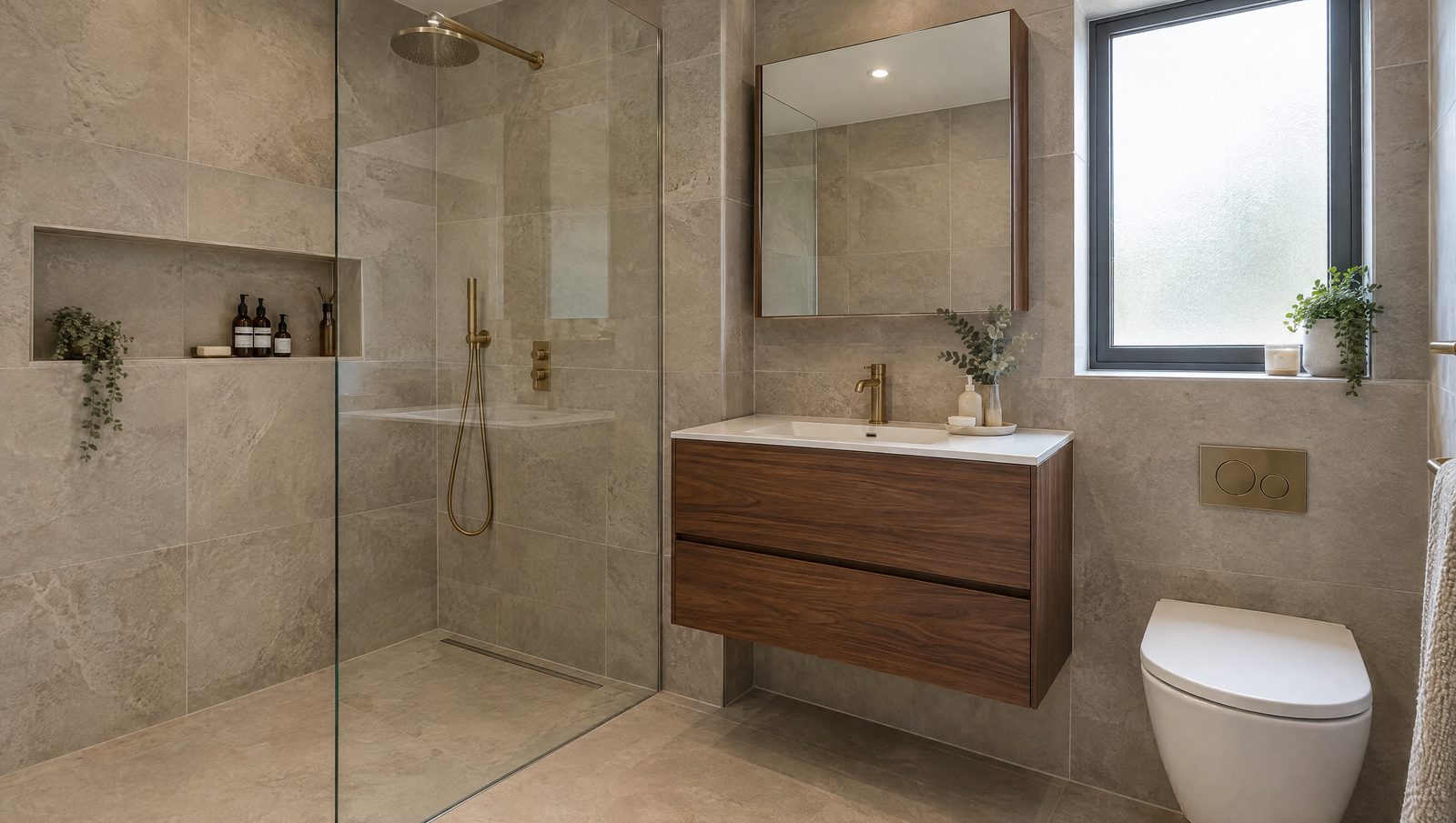 Salle de bain rénovée avec une douche de plain-pied derrière une paroi vitrée, grands carreaux effet pierre, niche murale, meuble vasque suspendu en noyer, robinetterie laiton brossé et fenêtre en verre dépoli