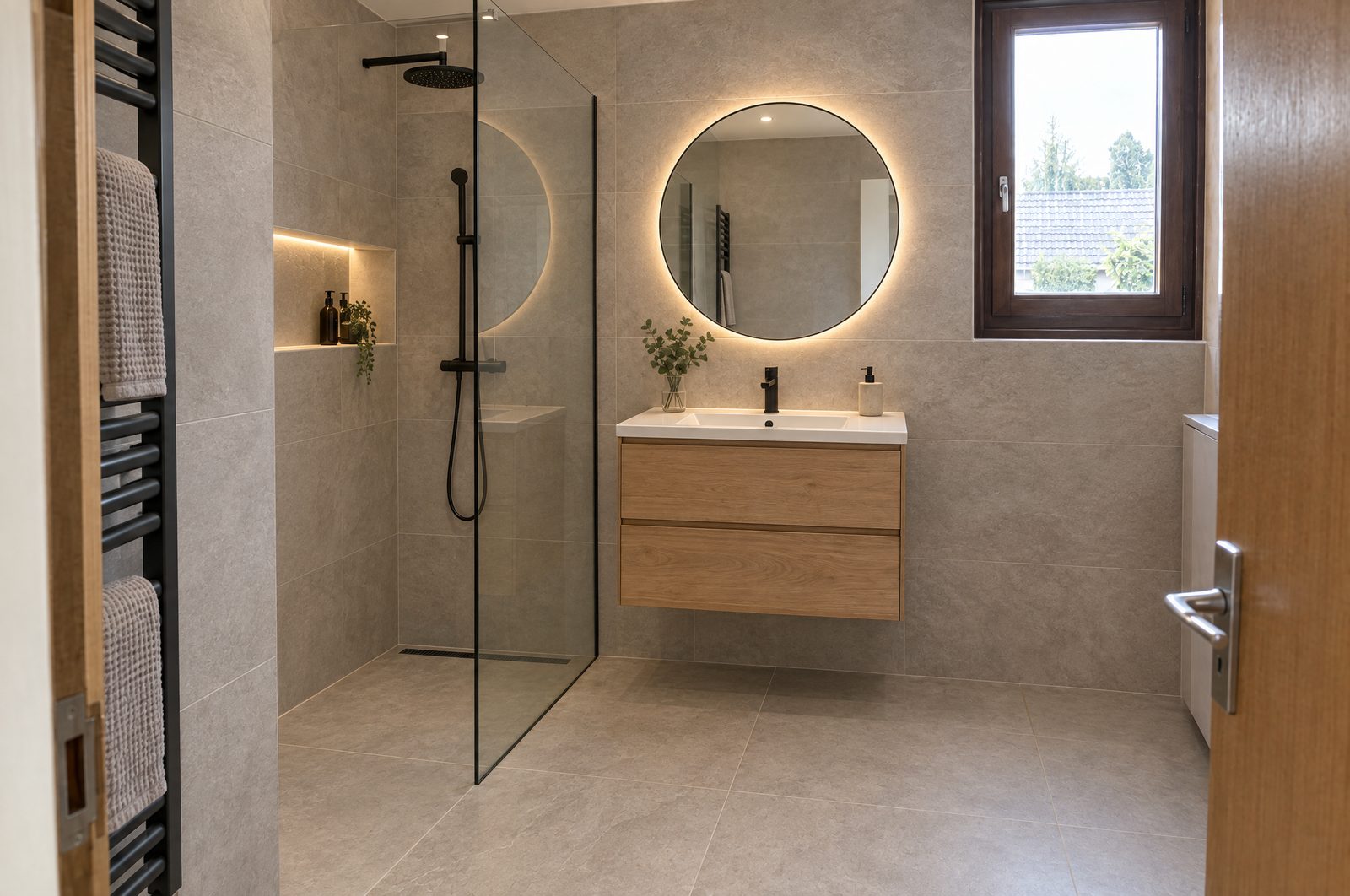 La même salle de bain après rénovation, douche de plain-pied derrière une paroi vitrée fixe, grands carreaux gris clair, niche éclairée, meuble vasque suspendu en chêne et miroir rond rétroéclairé