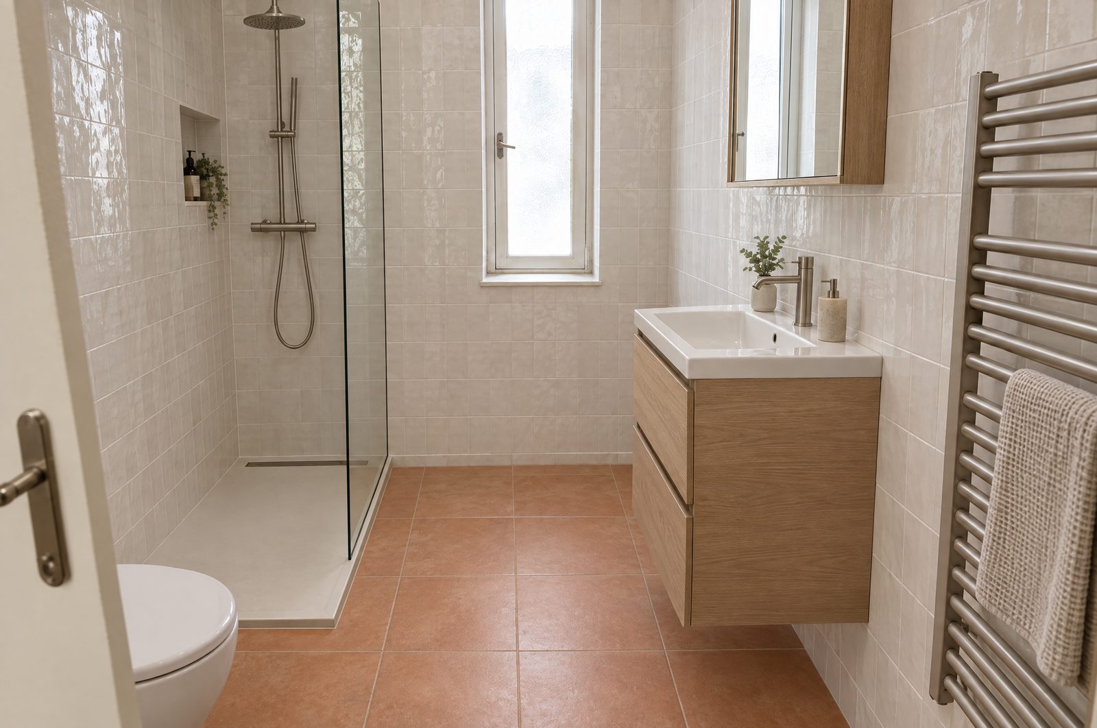 La même petite salle de bain après rénovation, douche à paroi vitrée fixe dans l'angle, faïence blanche effet zellige, sol effet terre cuite, meuble vasque suspendu en bois clair et armoire de toilette à miroir