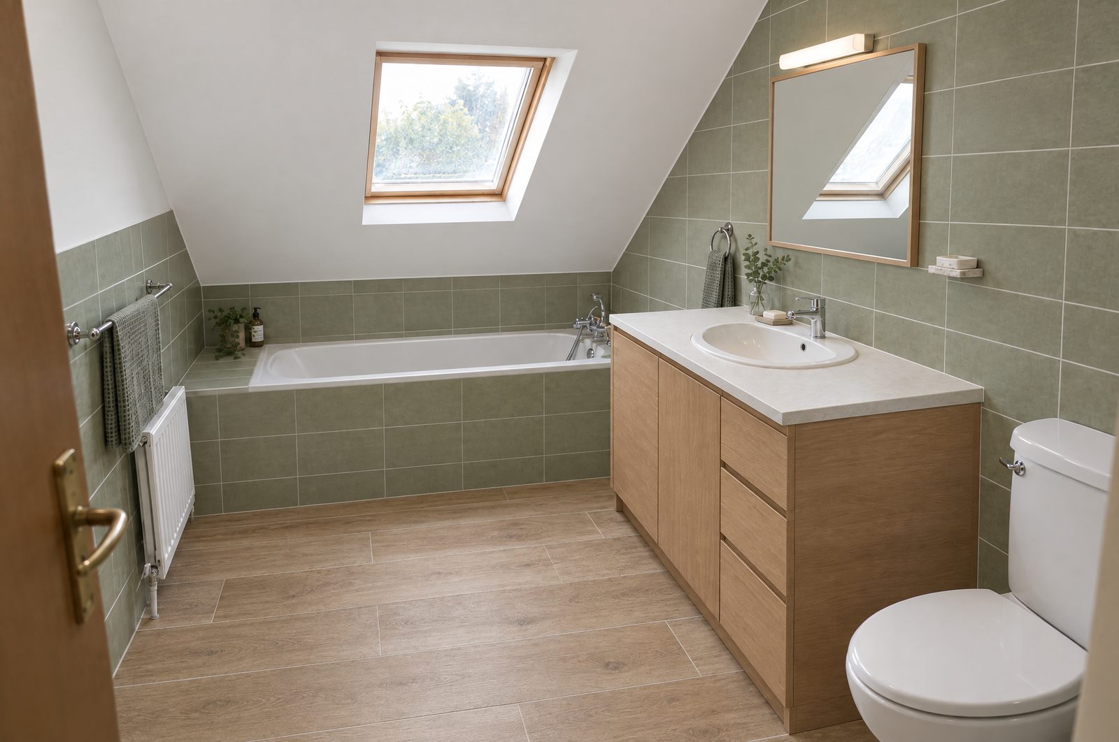 La même salle de bain sous combles après rénovation, rampant peint en blanc, baignoire à tablier carrelé sous la fenêtre de toit, carrelage vert sauge, meuble vasque en chêne clair et sol en céramique effet bois