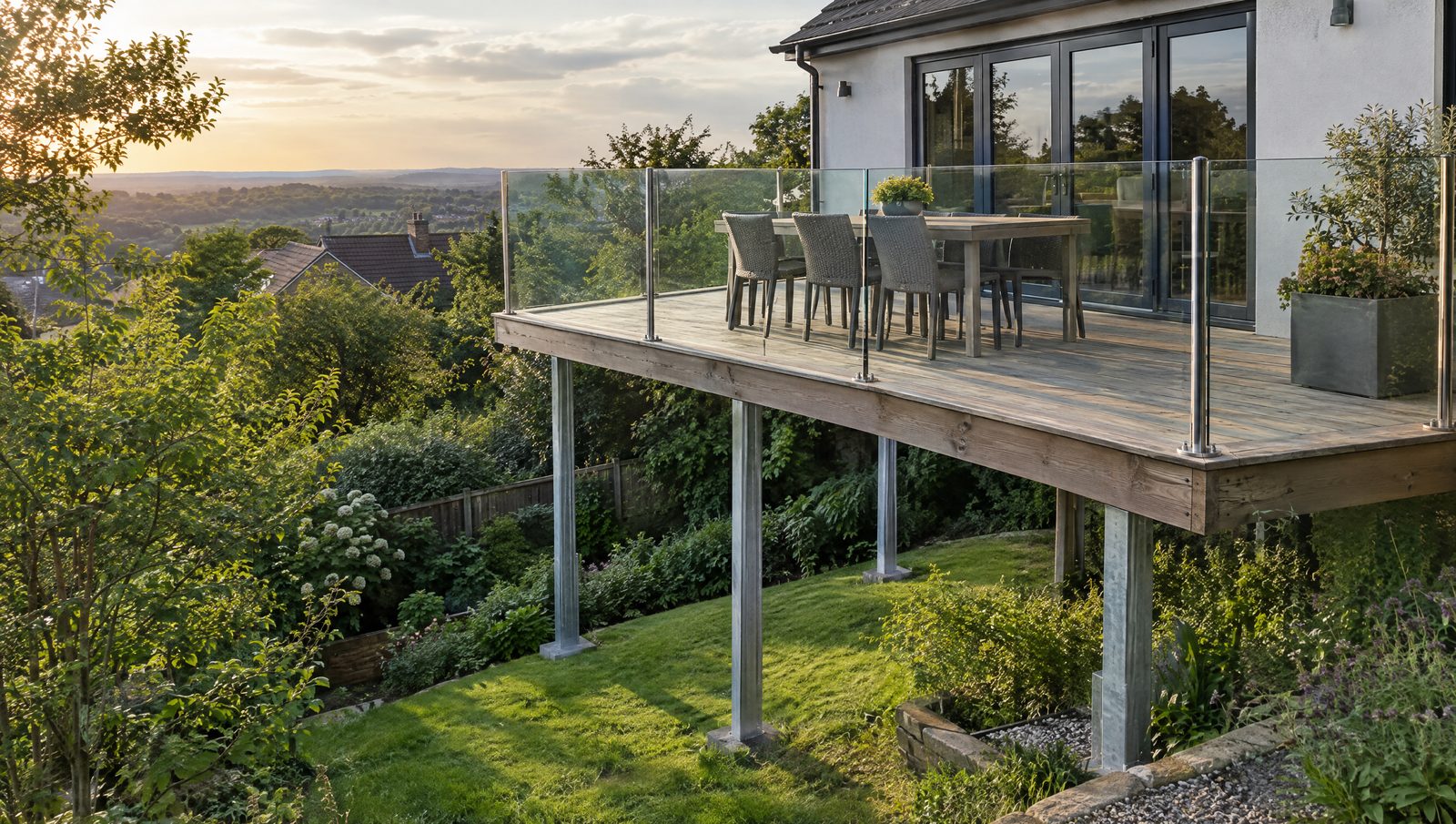 Terrasse en bois surélevée à l'arrière d'une maison, portée par des poteaux fins en acier galvanisé au-dessus d'un jardin en pente, avec un garde-corps vitré, une table et des chaises